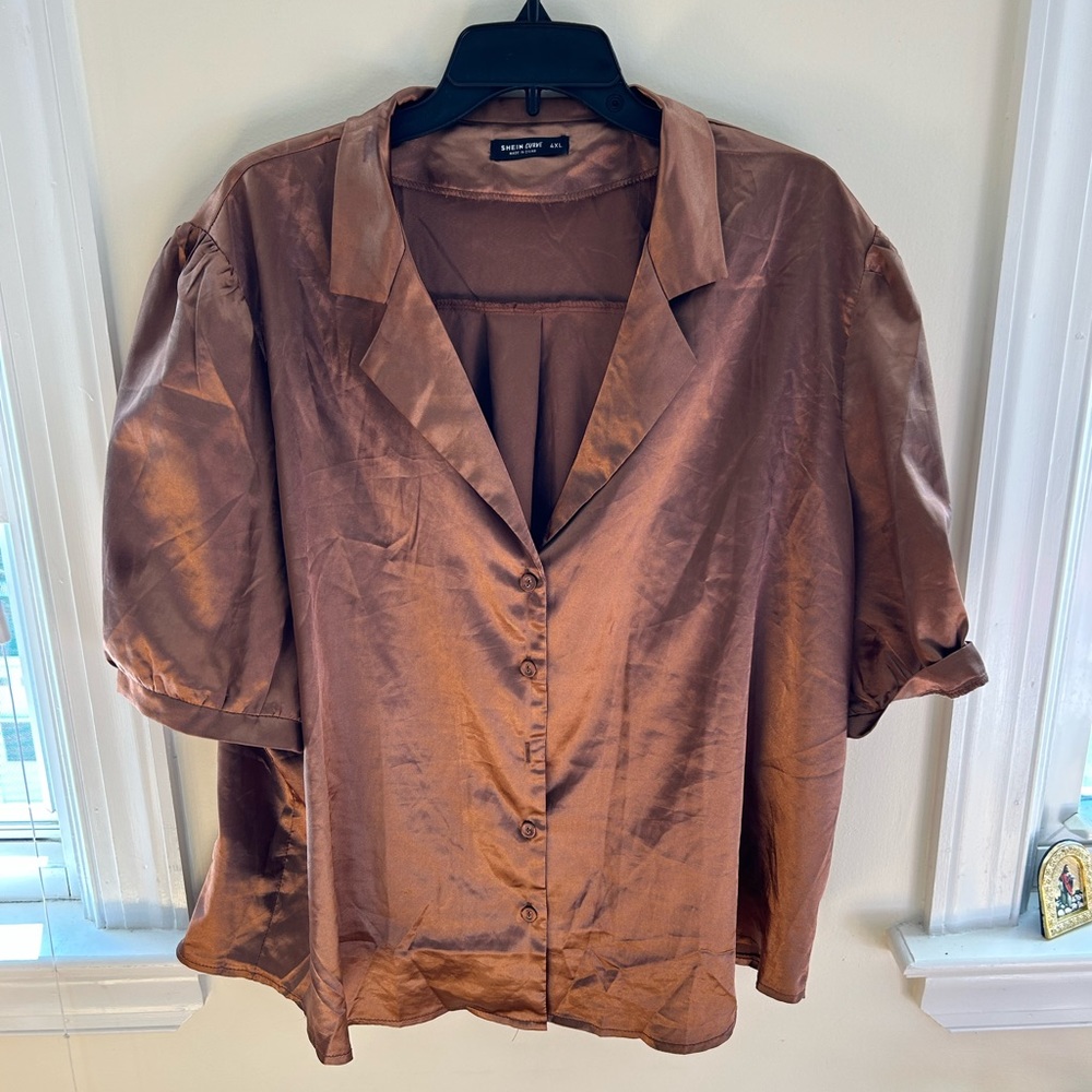 SHEIN PLUS SIZE CURVE Brown Faux Silk Short Sleeve Button Down Blouse